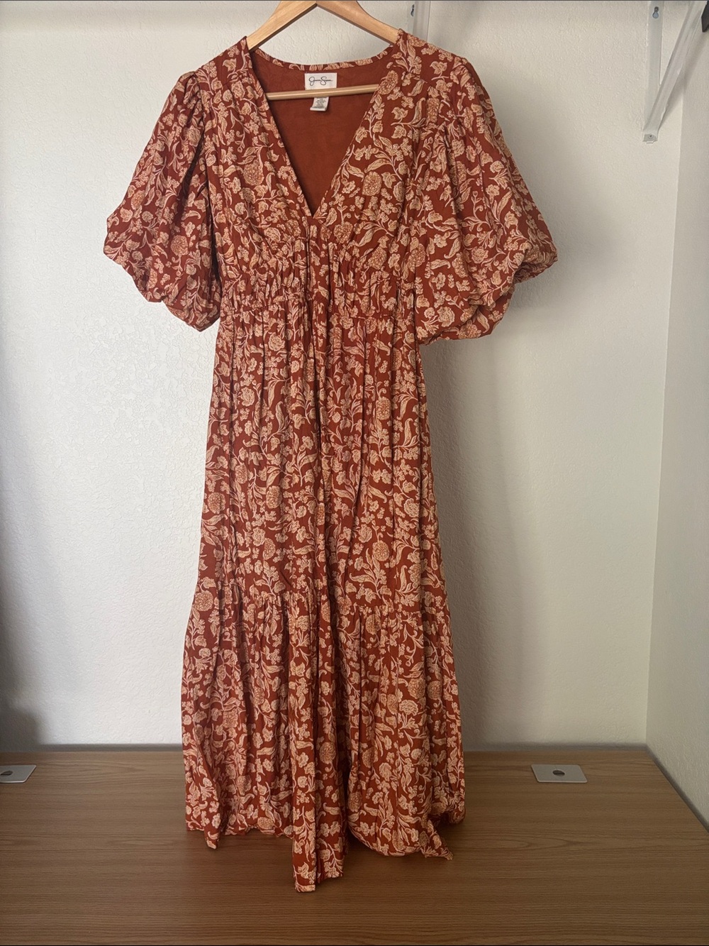 Jessica Simpson "Emmory" Tiered Maxi Dress Rust and Cream Floral